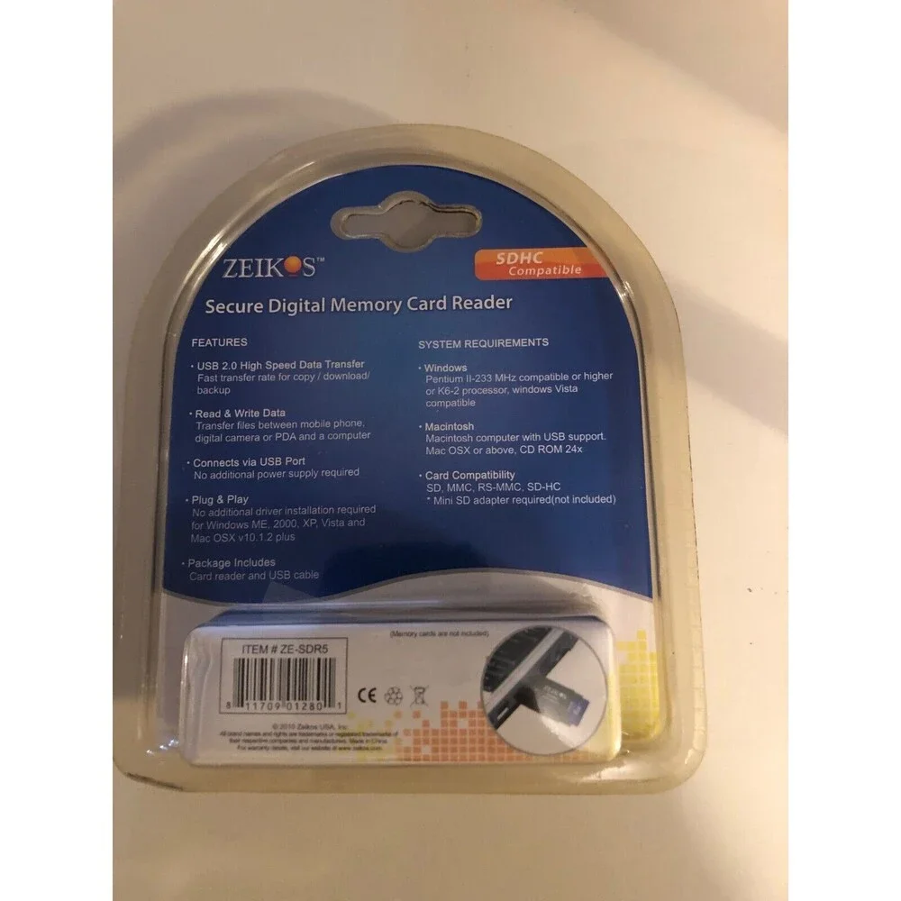Zeikos SD Memory Card Reader 2.0 SD-SDHC-MMC Card Reader New Sealed